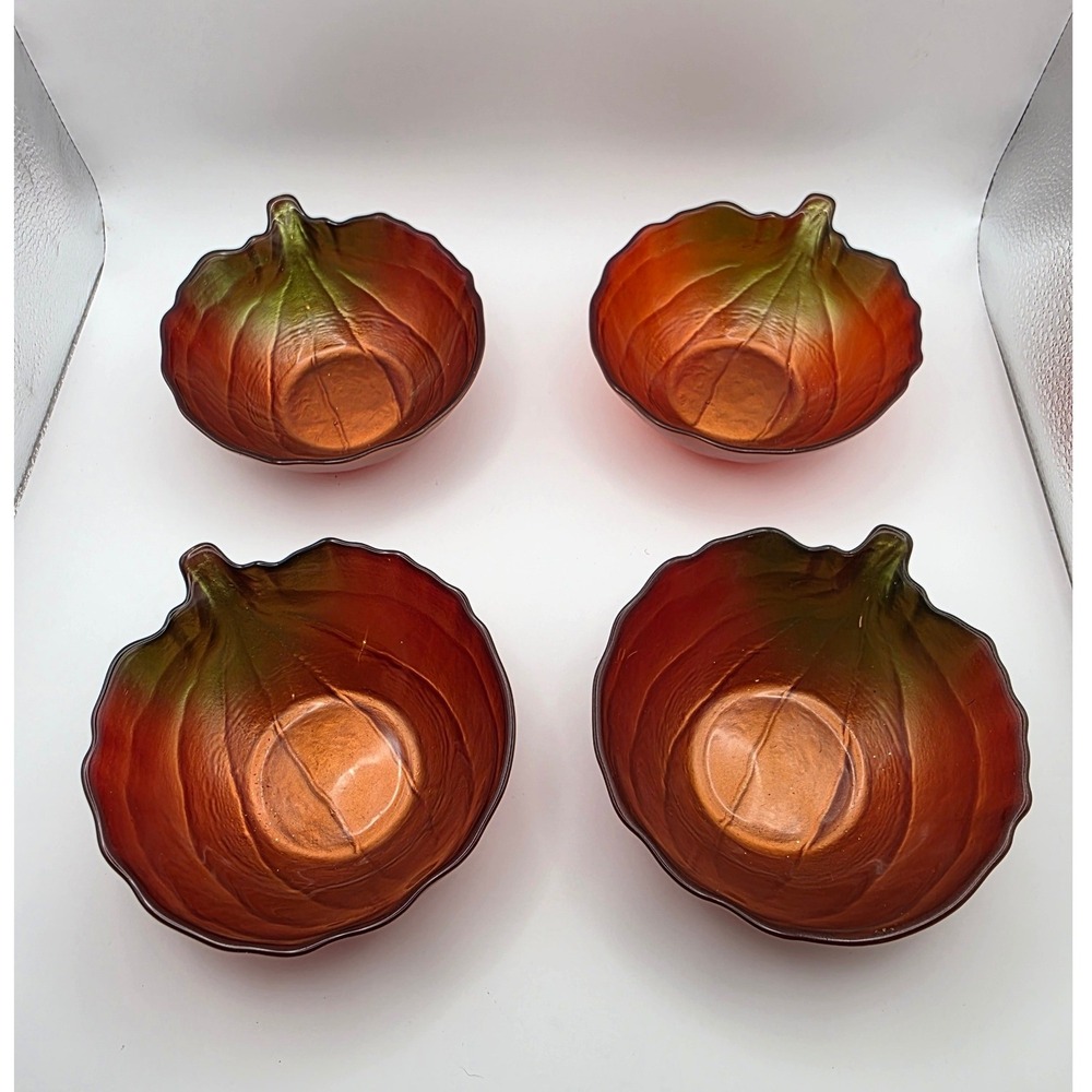 Set of 4 Glass Pumpkin Bowls Orange Green Ombre Harvest Fall Serving Dishes